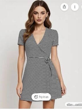 Topshop Black and White Striped Mini Wrap Dress